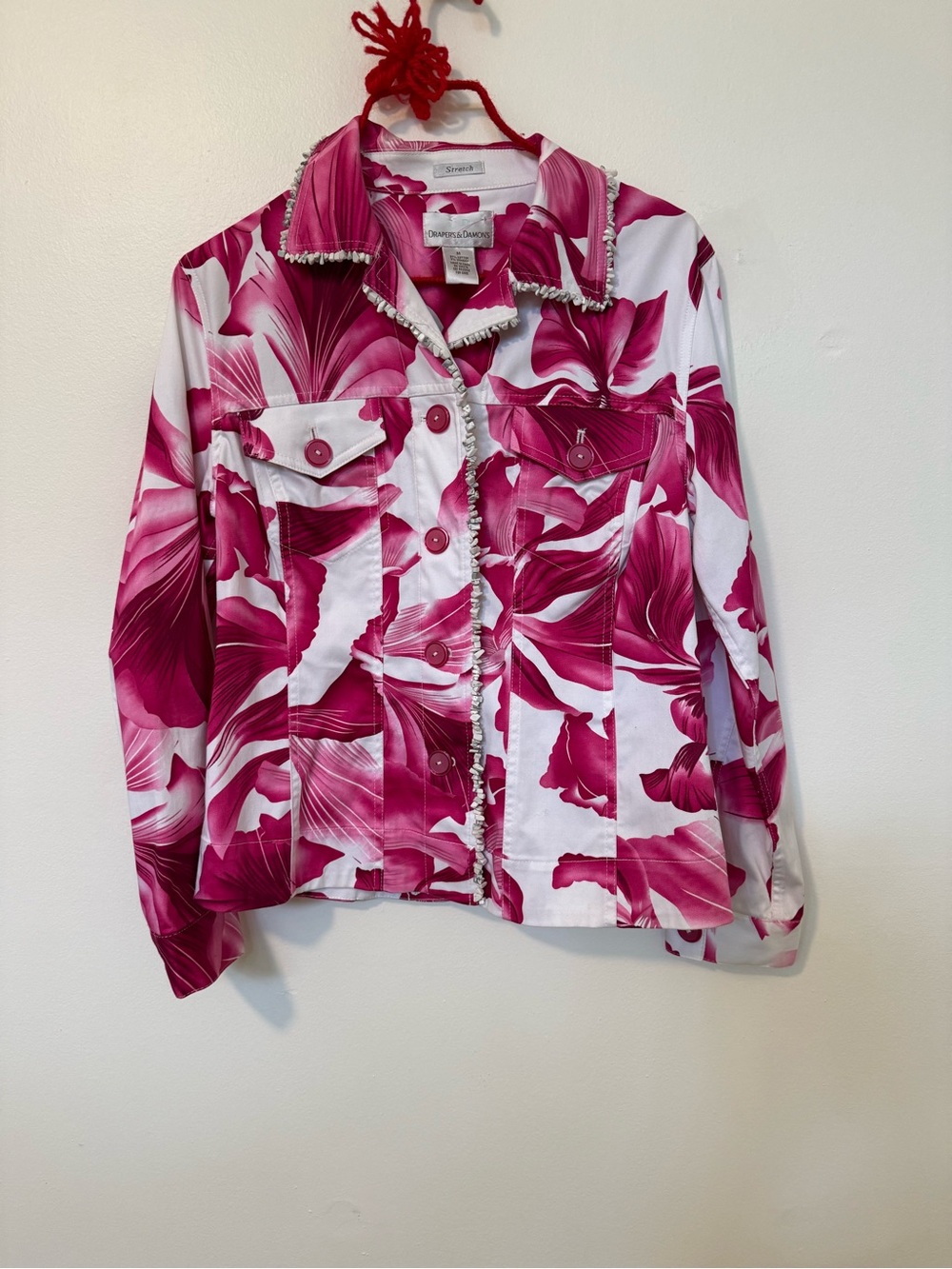 Draper’s & Damon’s Floral Pink Jean Jacket with shell beaded collar accents